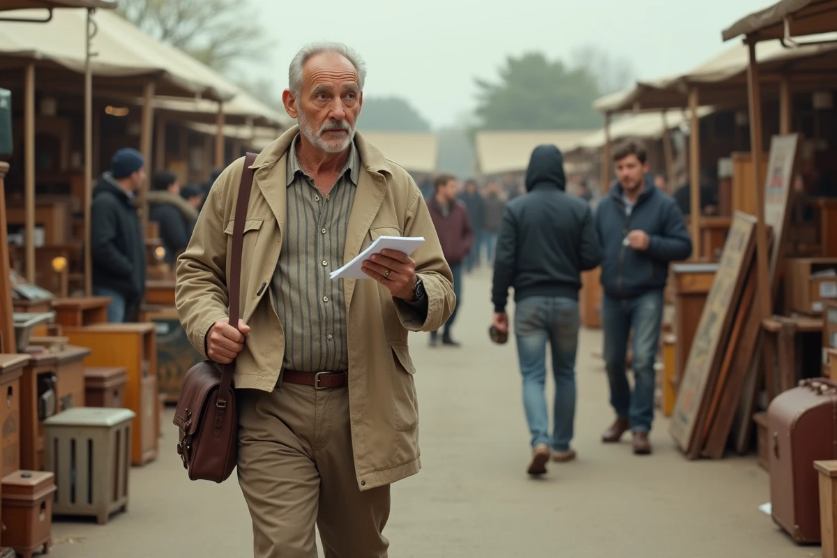 Homme parcourant un vide-grenier en plein air avec une liste de recherche dans les Yvelines lors d'une tournée brocante