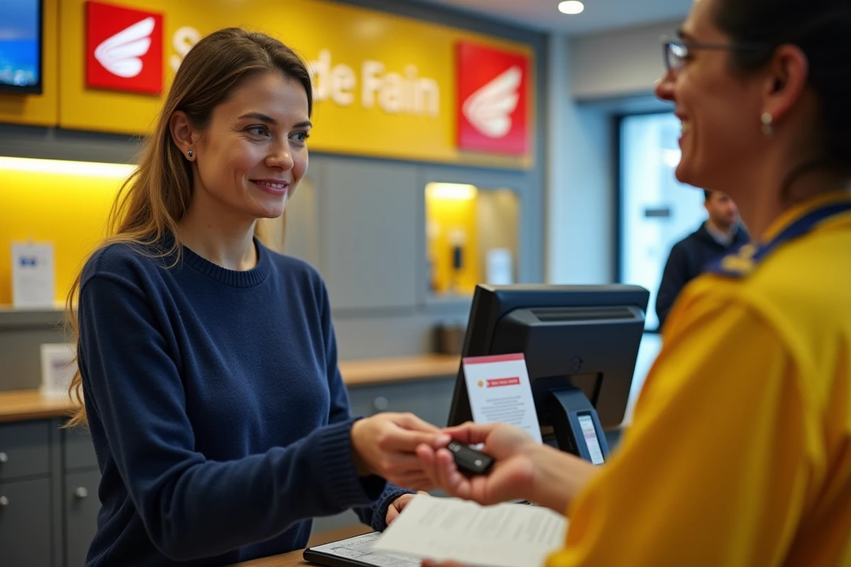 Une femme remet une clé USB à un employé La Poste au guichet pour imprimer un document