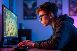 Joueur concentré devant un écran affichant une interface de jeu TFT avec des compositions de personnages fantasy, setup gaming moderne