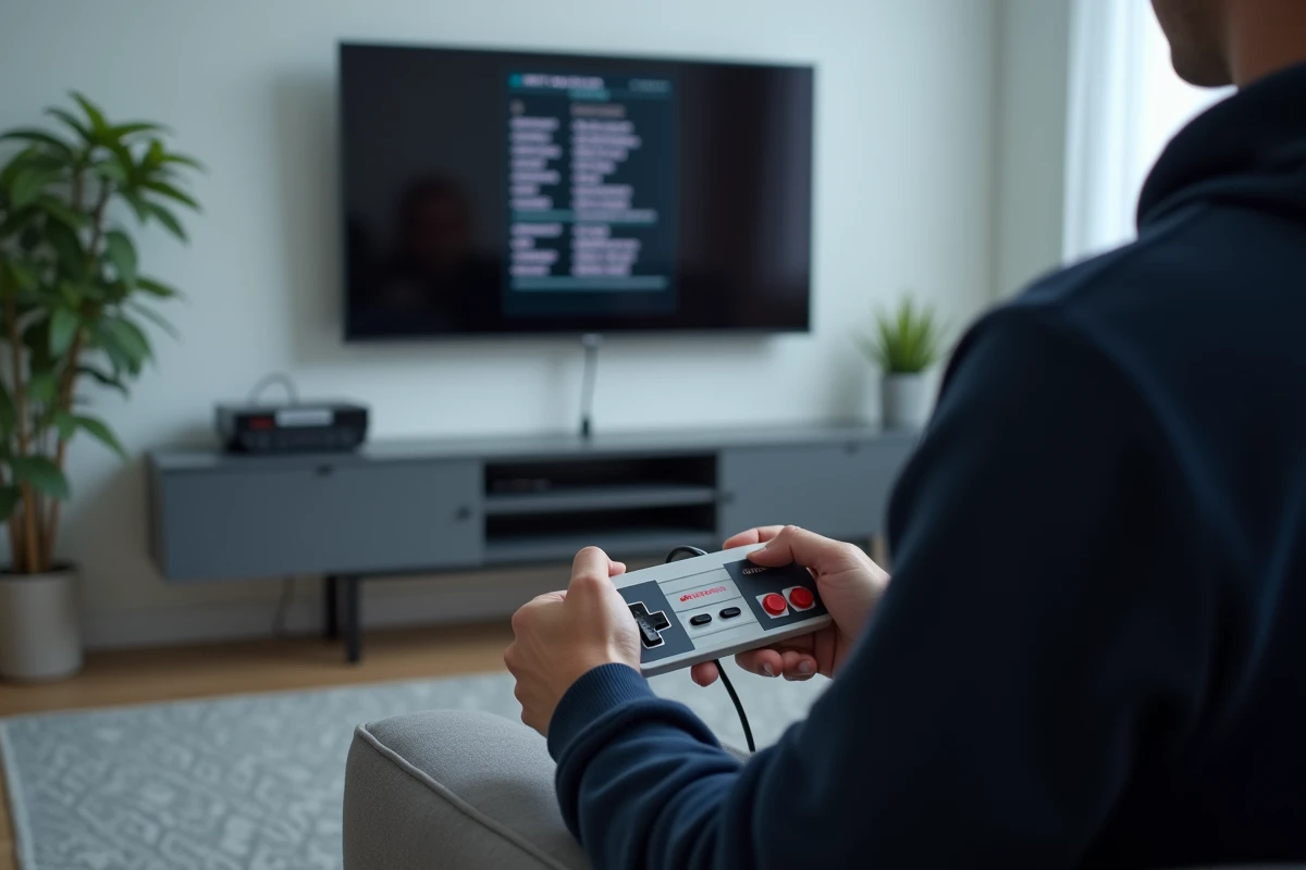 Mains d'un adulte configurant le menu d'émulation d'une console rétro sur un téléviseur moderne dans un appartement minimaliste