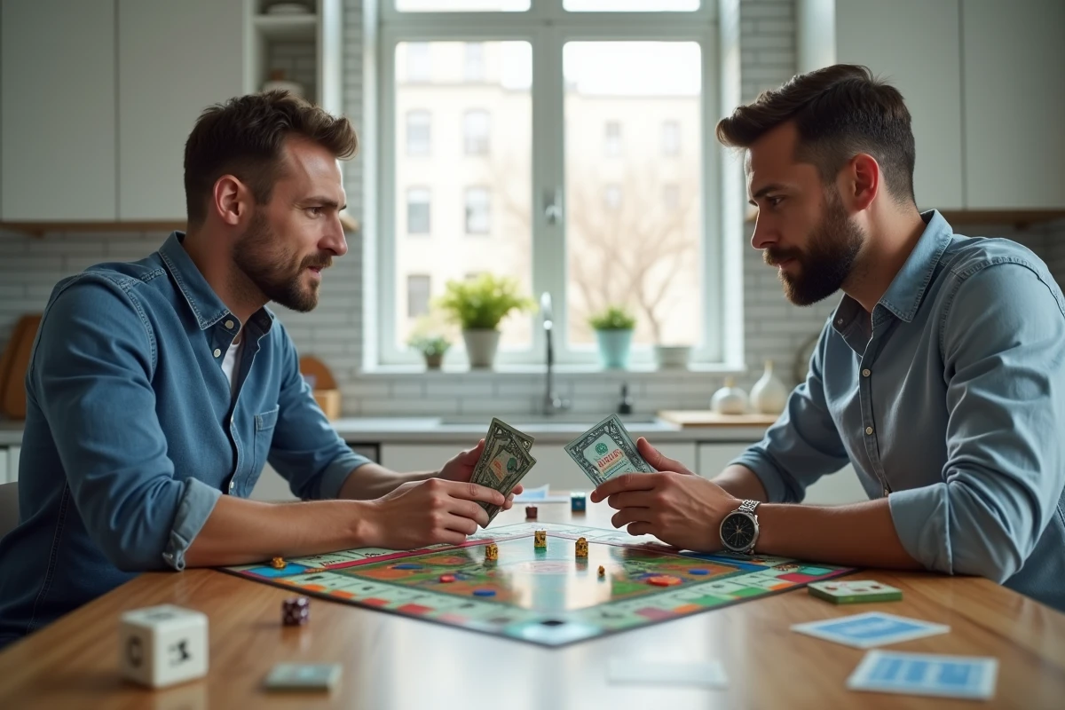 Deux hommes en pleine négociation d'échange de propriétés lors d'une partie de Monopoly