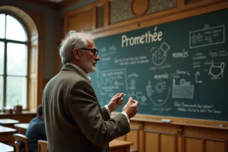 Professeur expliquant le mythe de Prométhée devant un tableau noir dans une salle de cours universitaire