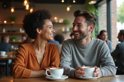 Deux personnes se rencontrant pour la première fois dans un café urbain moderne, échangeant un sourire chaleureux autour d'un café