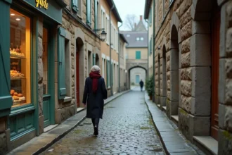 Femme se promenant dans une rue pavée médiévale d'Eauze en hiver, avec des façades en pierre et une atmosphère brumeuse typique du Gers