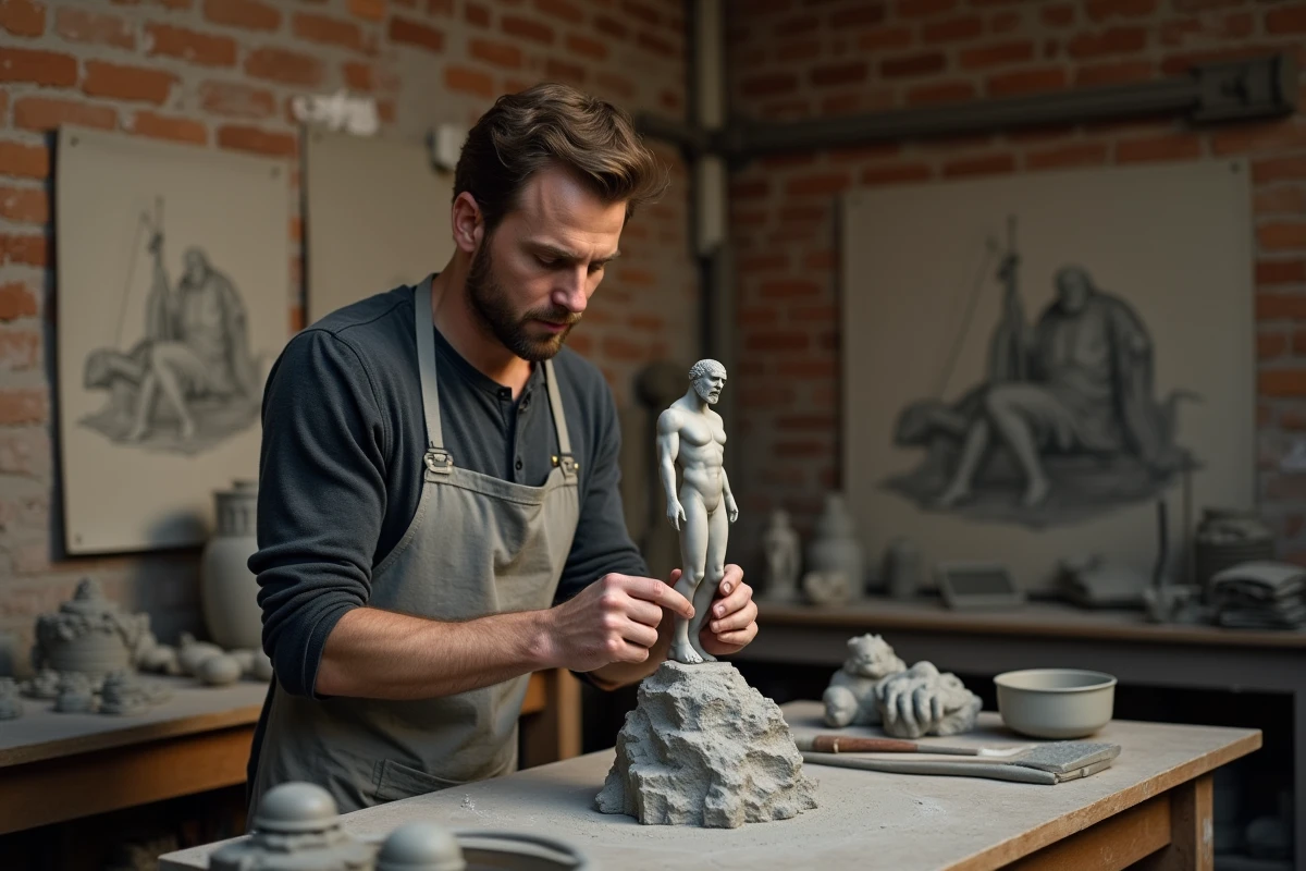 Sculpteur modelant une figurine en argile représentant Prométhée enchaîné dans un atelier d'artiste
