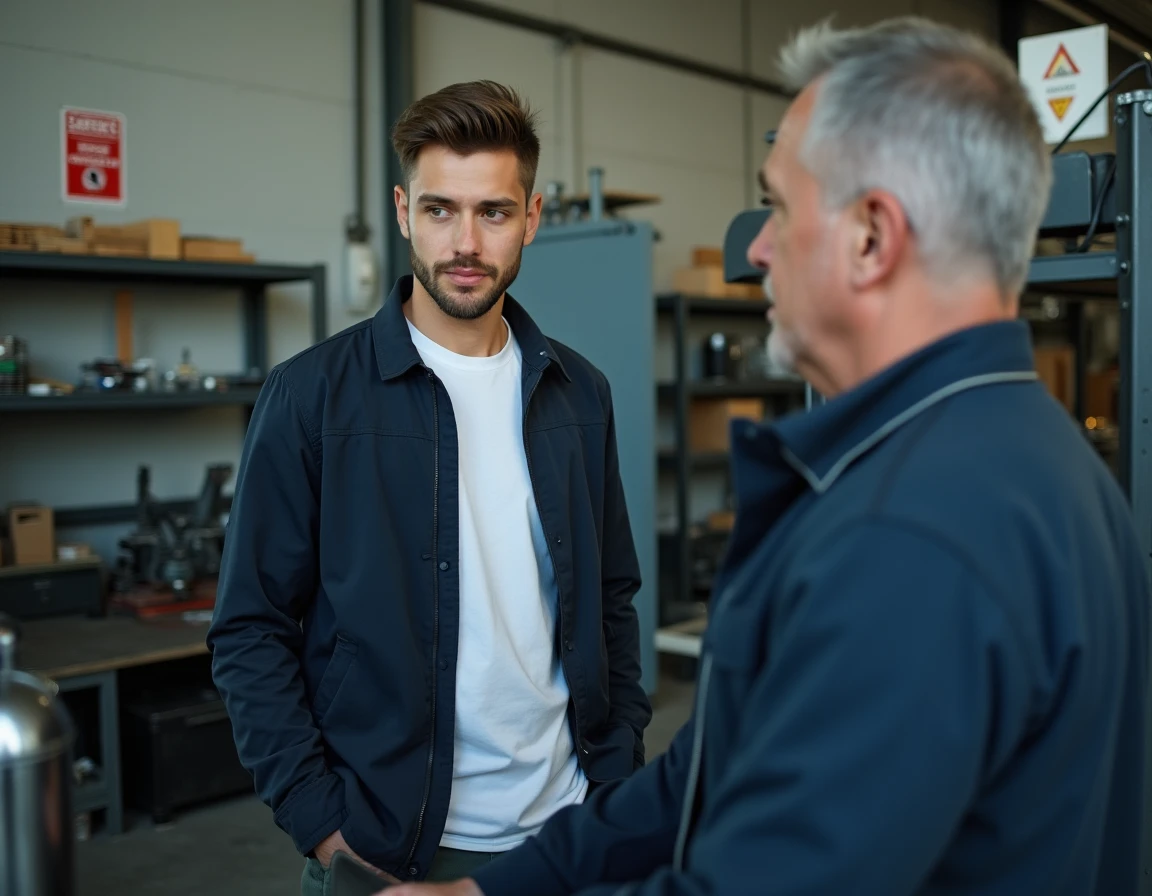 Jeune stagiaire homme observant une démonstration technique en atelier industriel lors d'un stage d'observation
