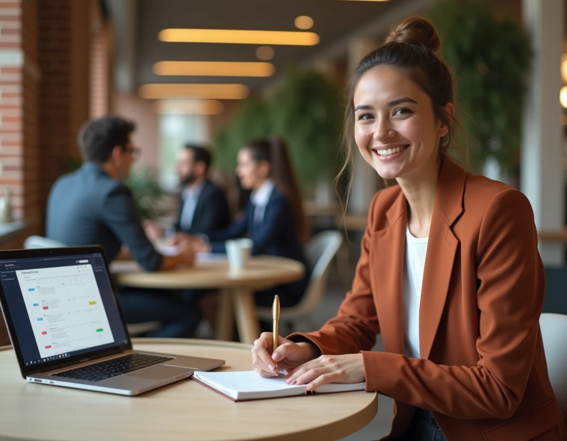 Femme stagiaire prenant des notes dans un espace de coworking moderne, illustrant un stage court ou long en milieu professionnel