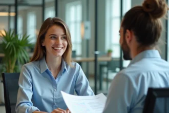 Stagiaire jeune femme en réunion avec son tuteur dans un bureau moderne, revue de documents pendant un stage en entreprise