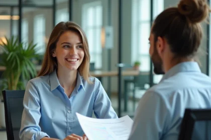 Stagiaire jeune femme en réunion avec son tuteur dans un bureau moderne, revue de documents pendant un stage en entreprise