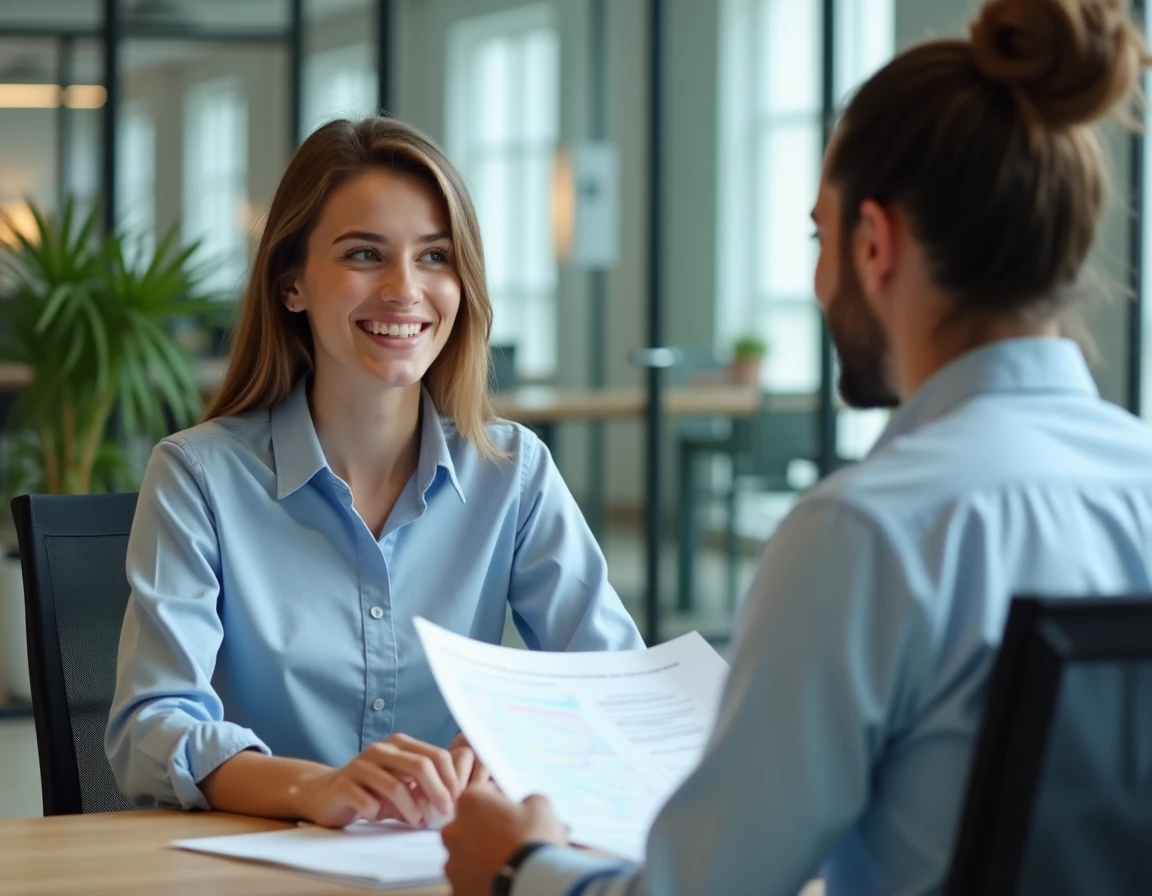 Stagiaire jeune femme en réunion avec son tuteur dans un bureau moderne, revue de documents pendant un stage en entreprise
