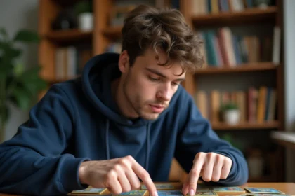 Joueur adulte concentré analysant une disposition stratégique de cartes Pokémon de type Psy sur un bureau en bois