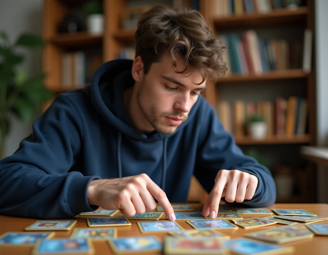 Joueur adulte concentré analysant une disposition stratégique de cartes Pokémon de type Psy sur un bureau en bois