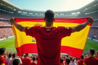 Supporter espagnol brandissant le drapeau de l'Espagne dans un stade de football bondé