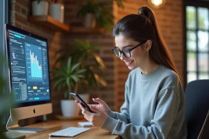 Jeune femme utilisant une application numérique innovante sur smartphone dans un bureau moderne en 2026