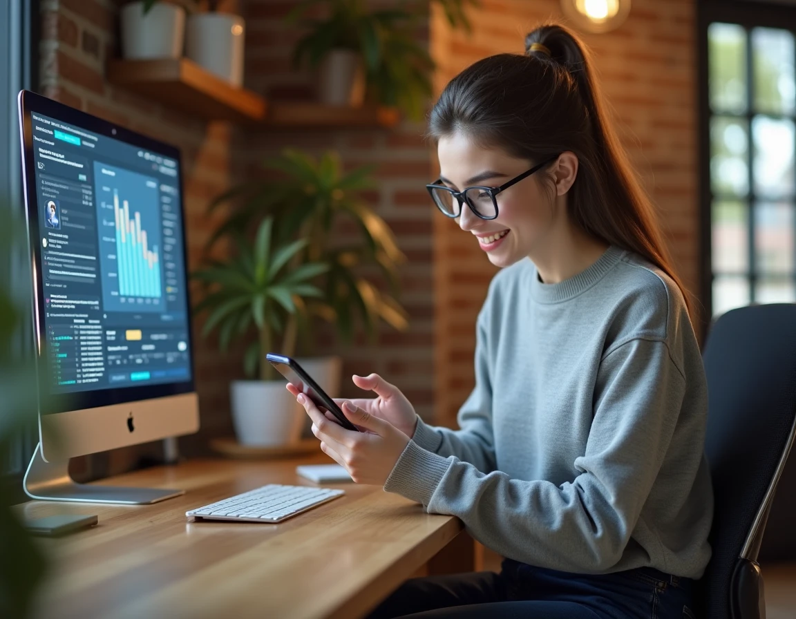 Jeune femme utilisant une application numérique innovante sur smartphone dans un bureau moderne en 2026