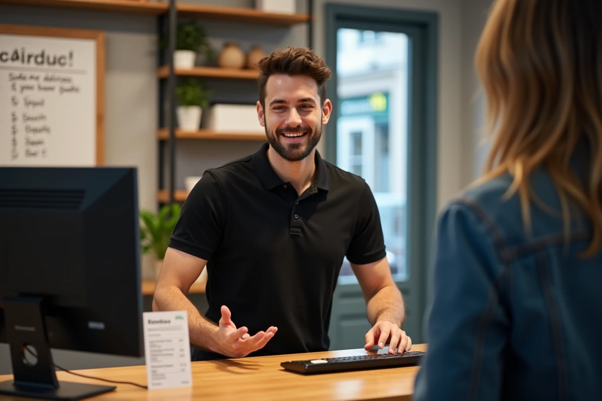 Employé souriant au comptoir d'accueil d'un cybercafé à Bordeaux présentant les services disponibles
