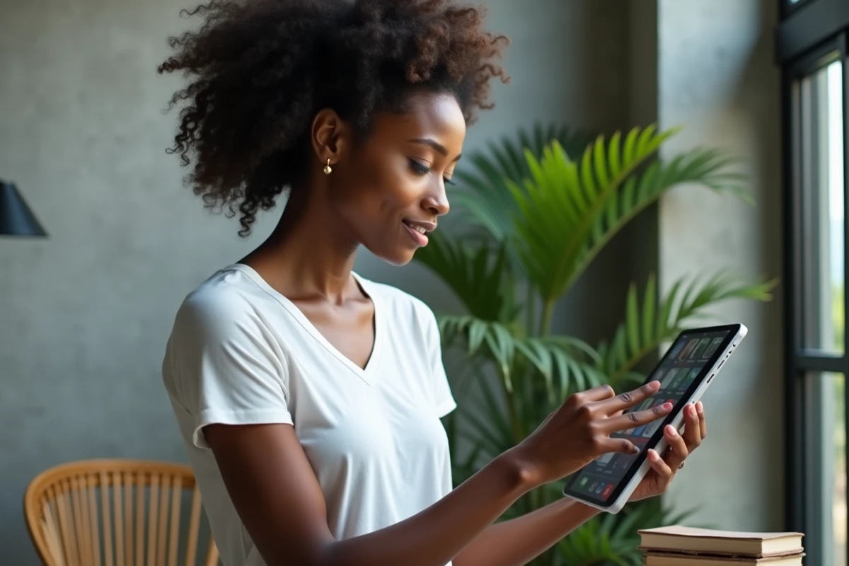 Jeune femme en appel vidéo depuis la Guyane française avec affichage du décalage horaire sur une tablette