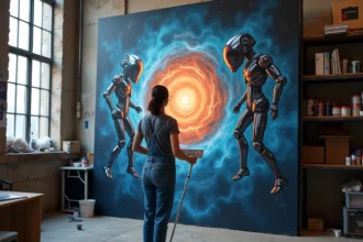 Artiste peintre devant une grande toile futuriste représentant des figures robotiques et des nébuleuses cosmiques dans un atelier industriel
