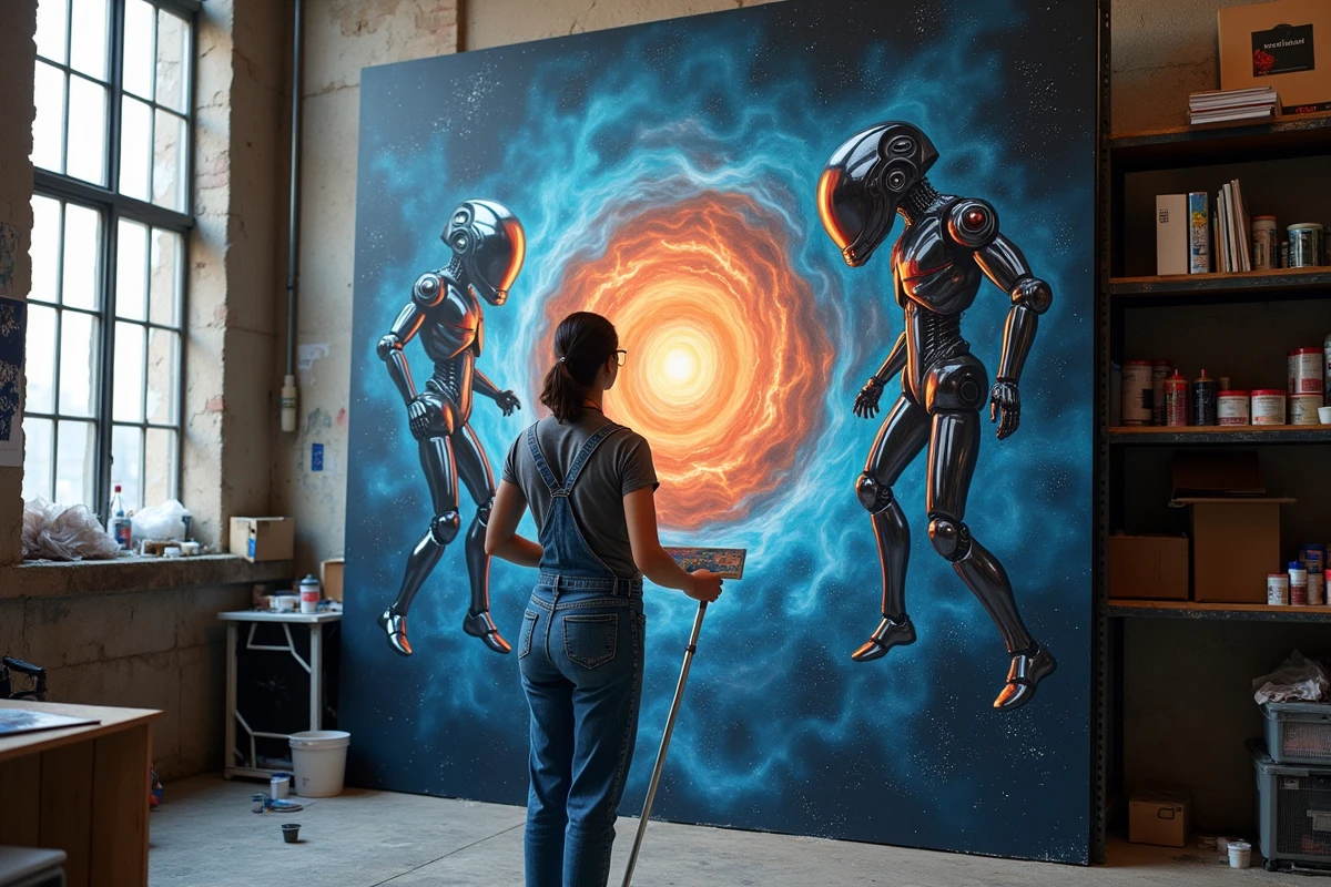 Artiste peintre devant une grande toile futuriste représentant des figures robotiques et des nébuleuses cosmiques dans un atelier industriel