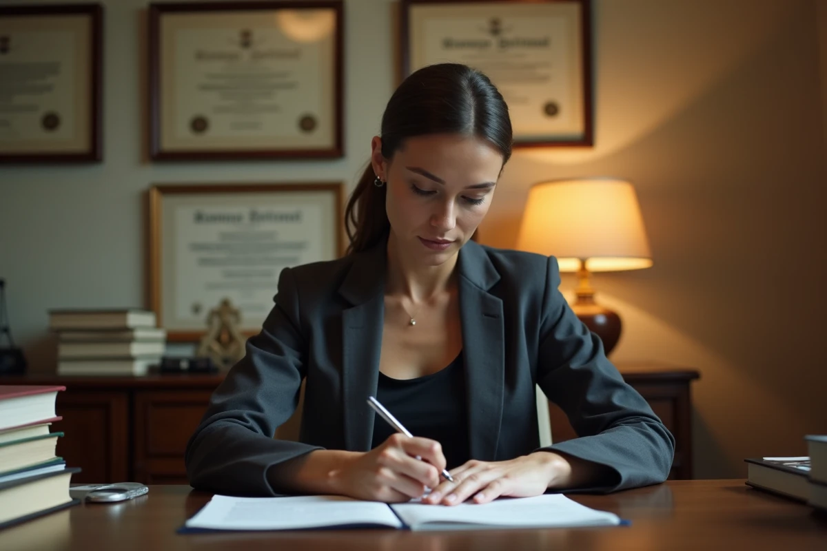 Femme médecin concentrée à son bureau entourée de livres médicaux et de diplômes encadrés, ambiance bureau classique et studieuse