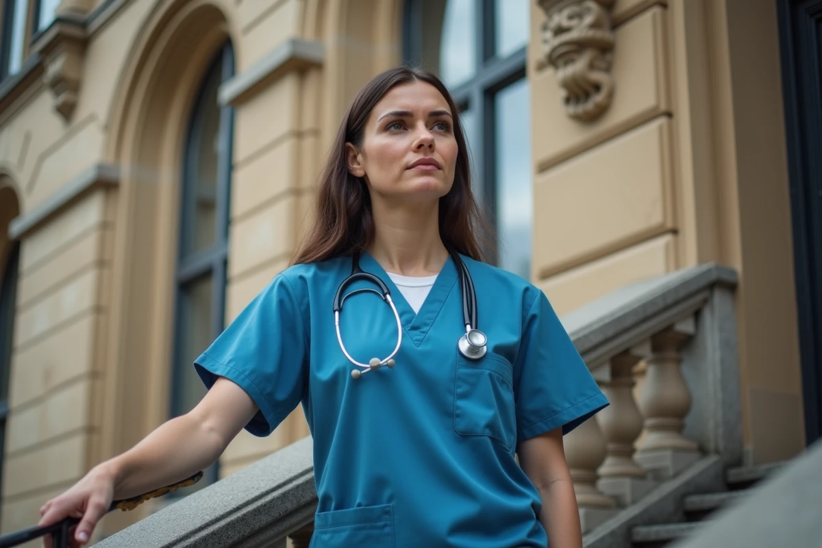 Jeune femme en tenue médicale devant une faculté de médecine française en pierre, portrait environnemental universitaire réaliste