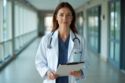 Médecin femme en blouse blanche tenant un dossier médical dans un couloir hospitalier moderne, portrait éditorial réaliste