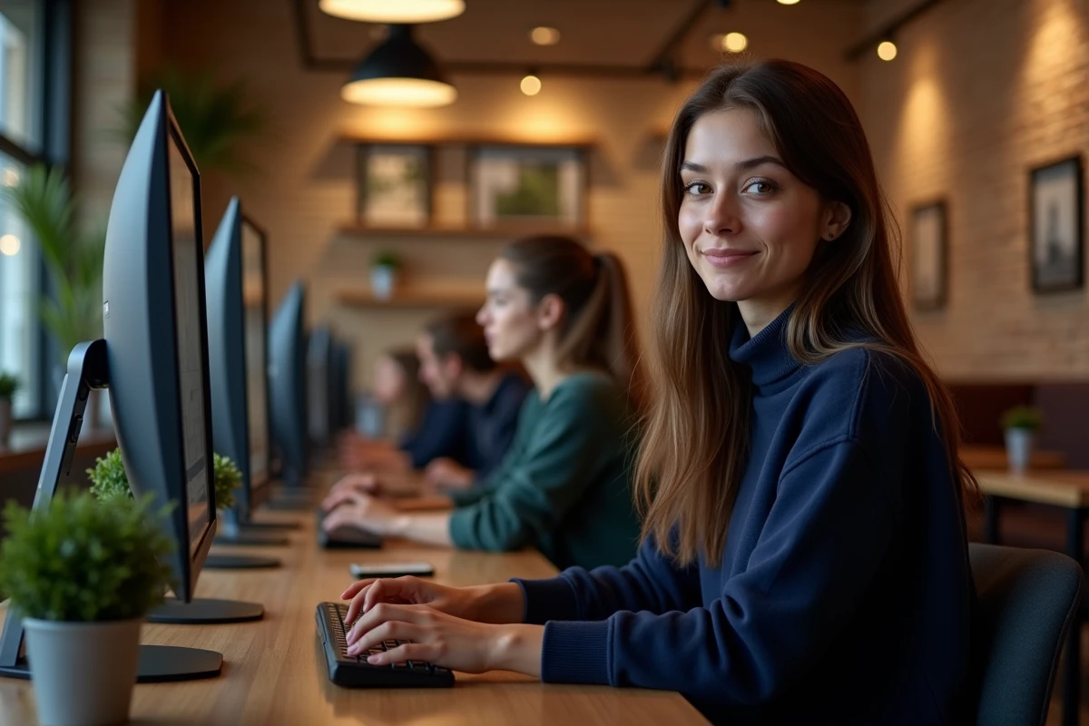 Jeune femme utilisant un ordinateur dans un cybercafé moderne à Bordeaux, ambiance chaleureuse avec briques apparentes