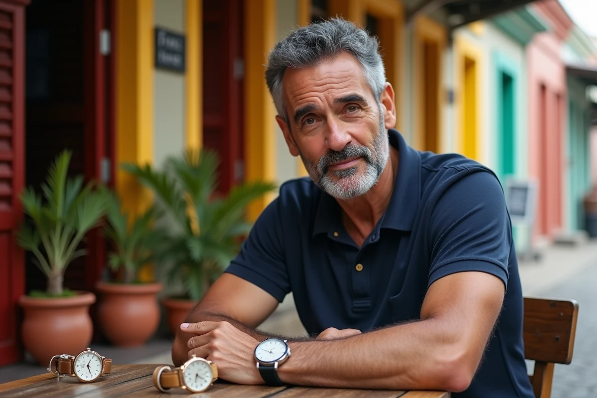 Homme comparant deux montres indiquant l'heure de Paris et de Cayenne en Guyane française dans un café créole