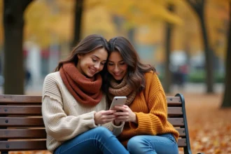 Deux amies assises sur un banc en bois dans un parc automnal, souriant en lisant un message sur un smartphone, illustrant une amitié sincère et forte