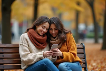 Deux amies assises sur un banc en bois dans un parc automnal, souriant en lisant un message sur un smartphone, illustrant une amitié sincère et forte