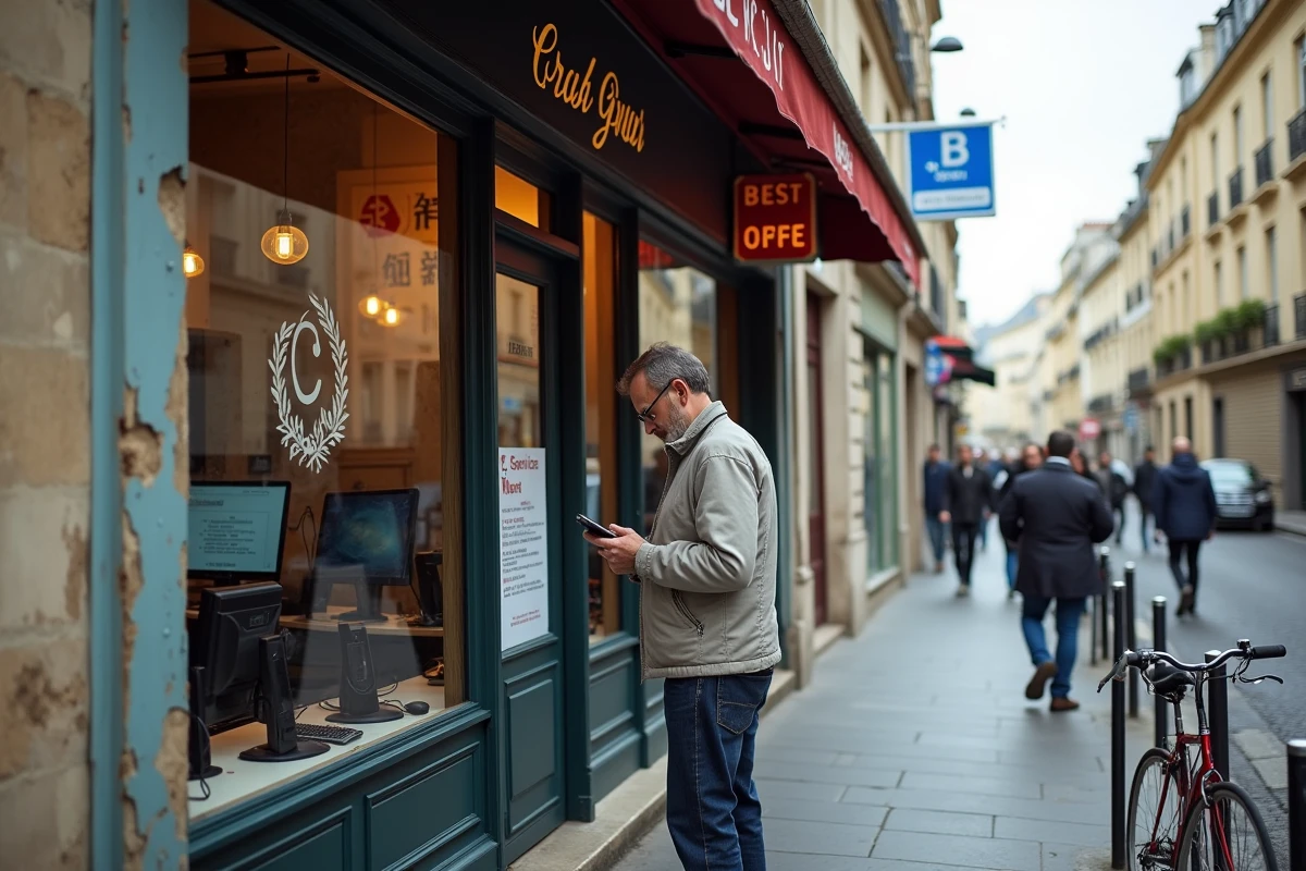 Devanture d'un cybercafé dans le quartier de la Victoire à Bordeaux avec un homme consultant son téléphone devant l'entrée