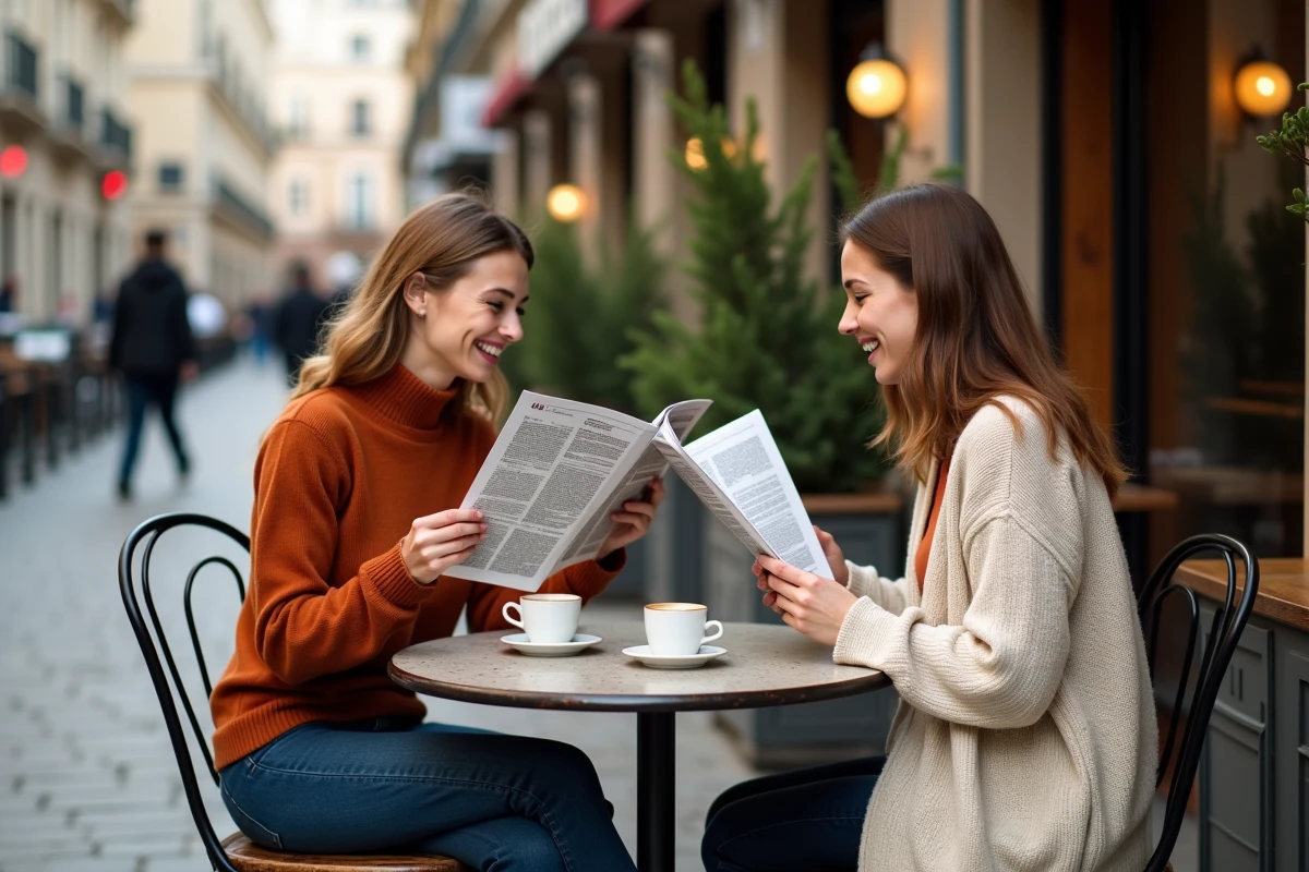Deux femmes discutant d'une newsletter spirituelle en terrasse de café, échange et réflexion spirituelle urbaine
