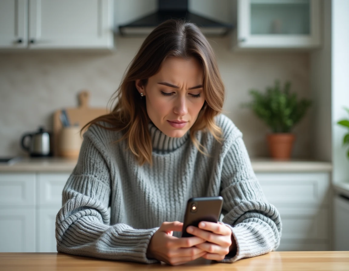 Femme consultant un annuaire inversé gratuit pour identifier un numéro de téléphone mobile 06 inconnu sur son smartphone