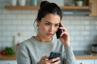 Femme vérifiant un appel entrant avec l'indicatif 49 sur son smartphone dans une cuisine moderne
