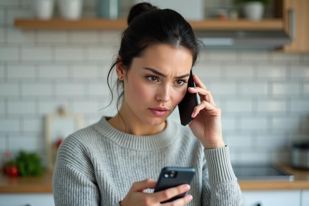 Femme vérifiant un appel entrant avec l'indicatif 49 sur son smartphone dans une cuisine moderne