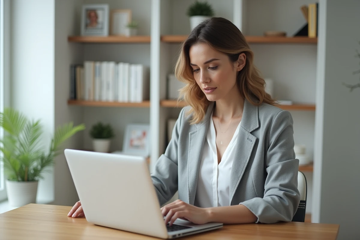 Femme professionnelle utilisant un correcteur d'orthographe sur son ordinateur portable dans un bureau moderne