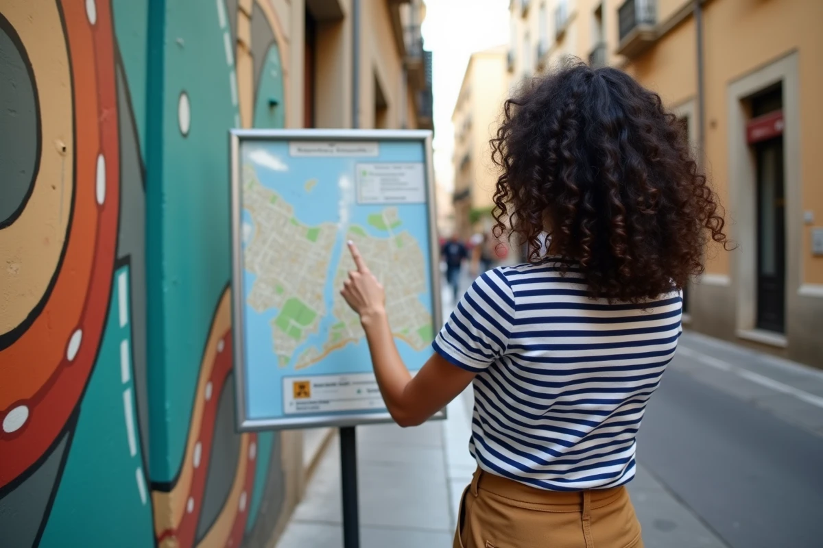 Jeune femme devant un panneau de plan de quartier au Cours Julien entouré de street art à Marseille