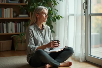 Femme méditant avec un carnet et une tasse dans un salon cosy, pratique de spiritualité quotidienne