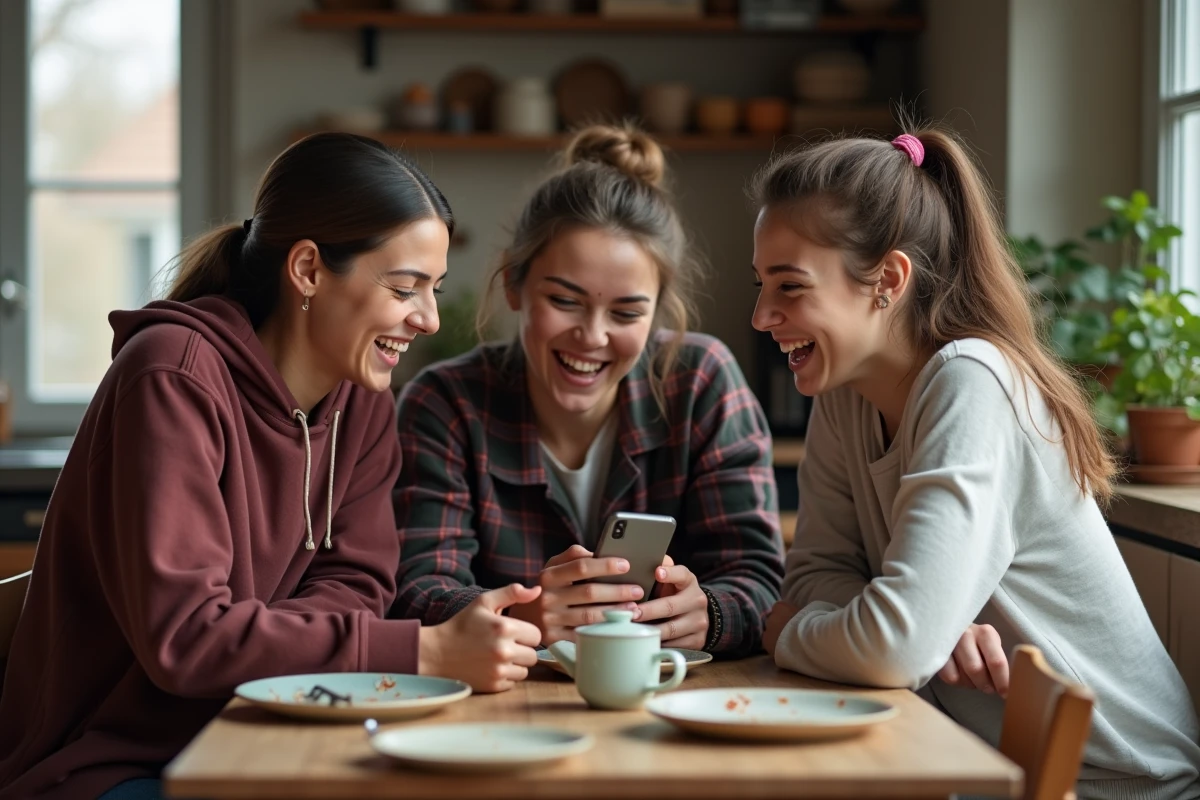 Trois amis réunis autour d'une table de cuisine riant ensemble en lisant un message sur un téléphone, symbolisant les citations d'amitié forte et sincère partagées par texto