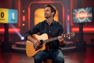 Guitariste acoustique assis sur un plateau de télévision lors d'un enregistrement d'émission musicale type N'oubliez pas les paroles