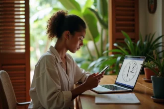 Femme consultant l'heure en Guyane française sur son téléphone avec un monde en arrière-plan montrant deux fuseaux horaires