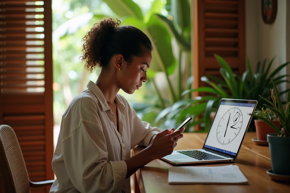Femme consultant l'heure en Guyane française sur son téléphone avec un monde en arrière-plan montrant deux fuseaux horaires