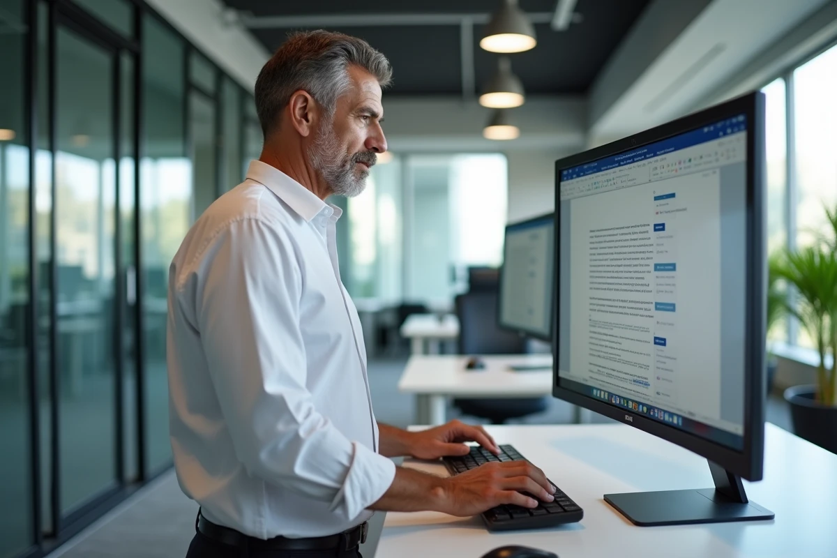 Homme d'affaires utilisant Reverso correcteur d'orthographe sur un grand écran dans un bureau en open space