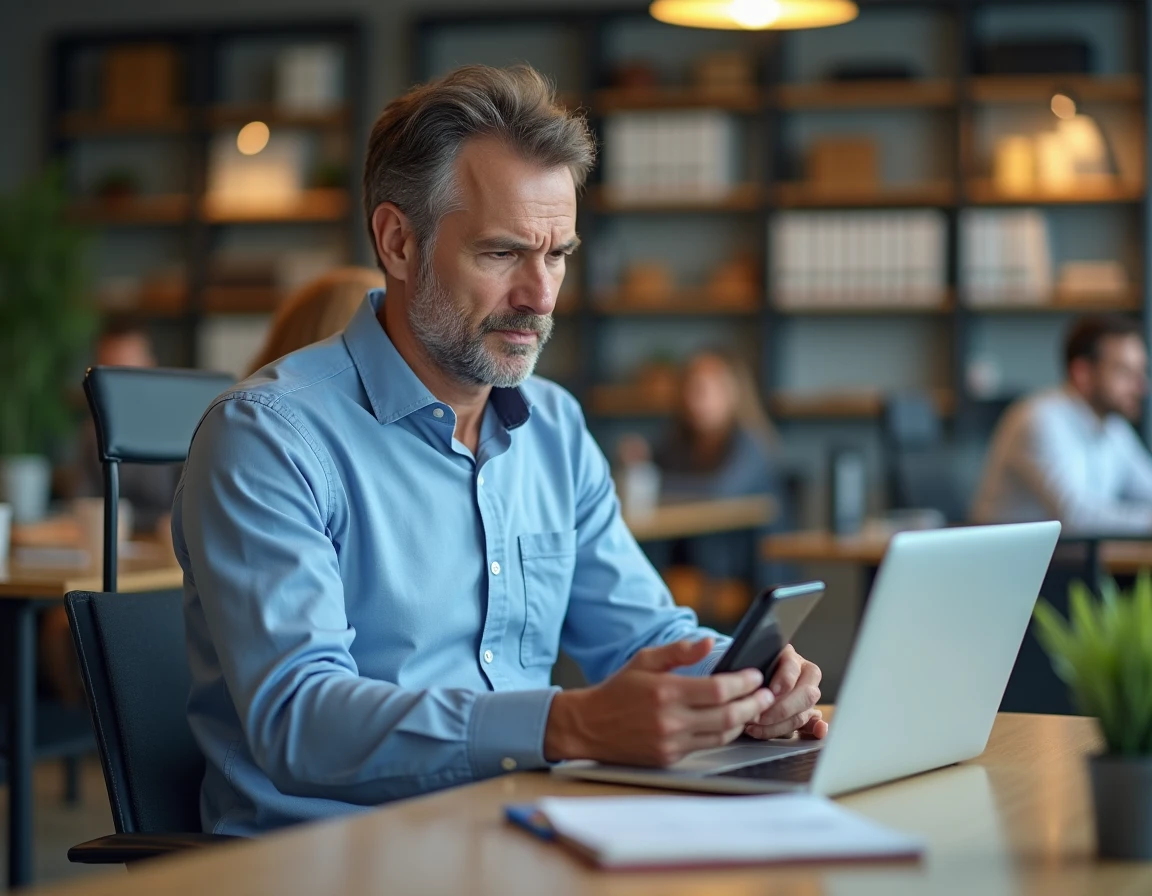 Homme en bureau utilisant un site d'annuaire inversé gratuit pour retrouver le propriétaire d'un numéro 06 sur ordinateur et smartphone