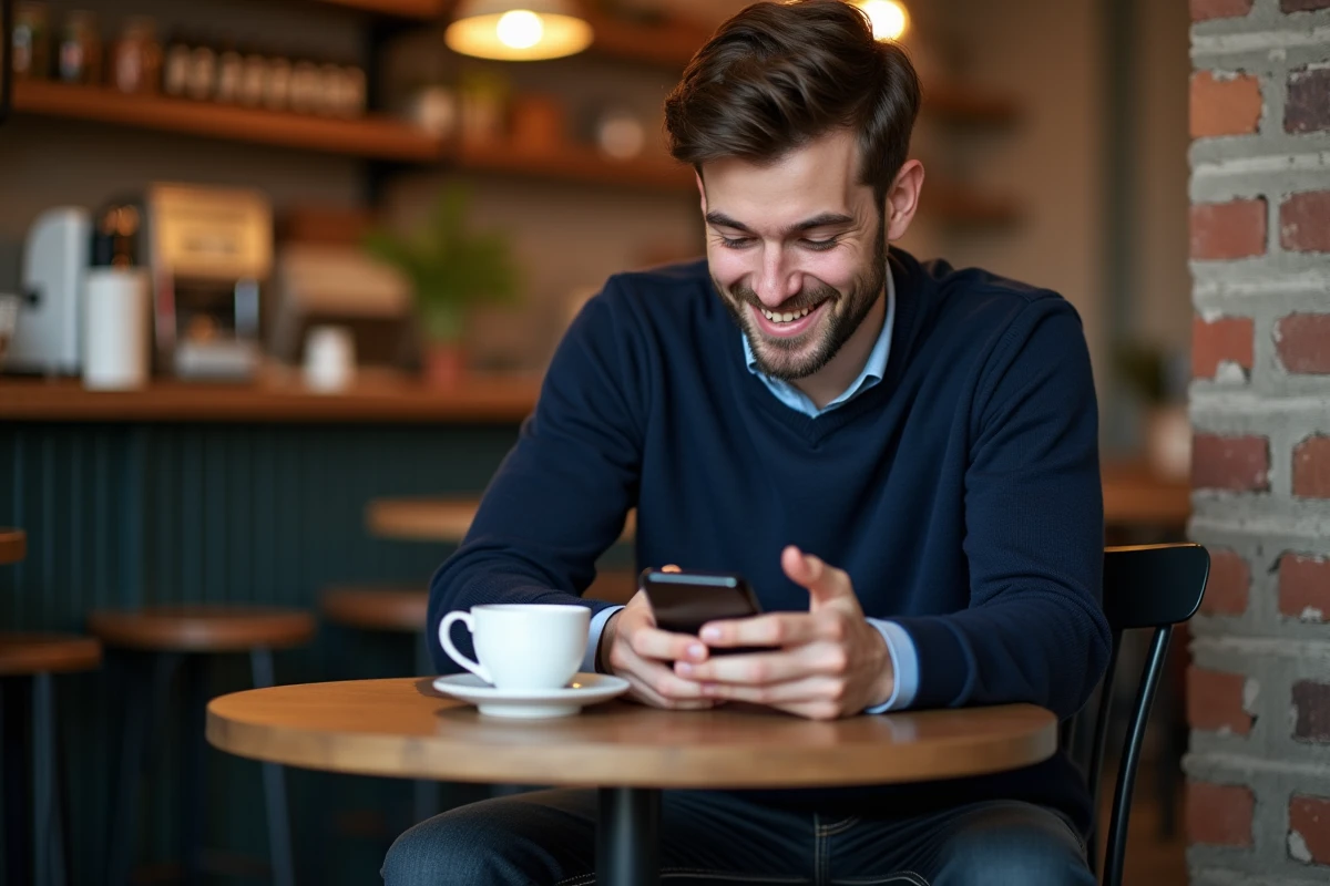 Jeune homme seul dans un café lisant un message touchant sur son téléphone avec un sourire sincère, évoquant la force des liens d'amitié à distance