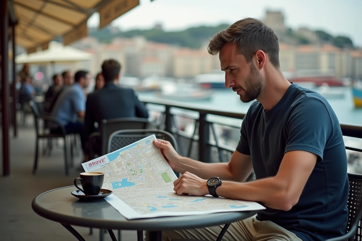 Homme étudiant un plan du Vieux-Port de Marseille attablé en terrasse de café