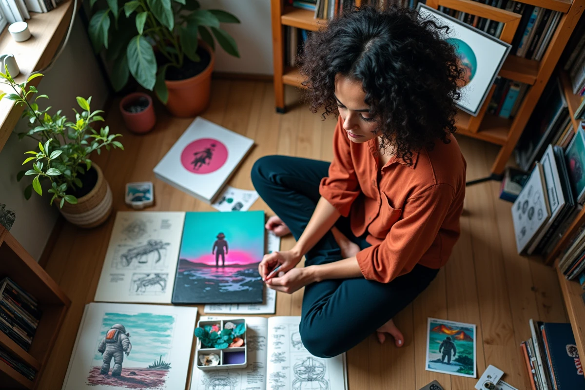 Jeune femme artiste travaillant sur une peinture de science-fiction représentant un astronaute sur une planète extraterrestre, entourée de carnets de croquis