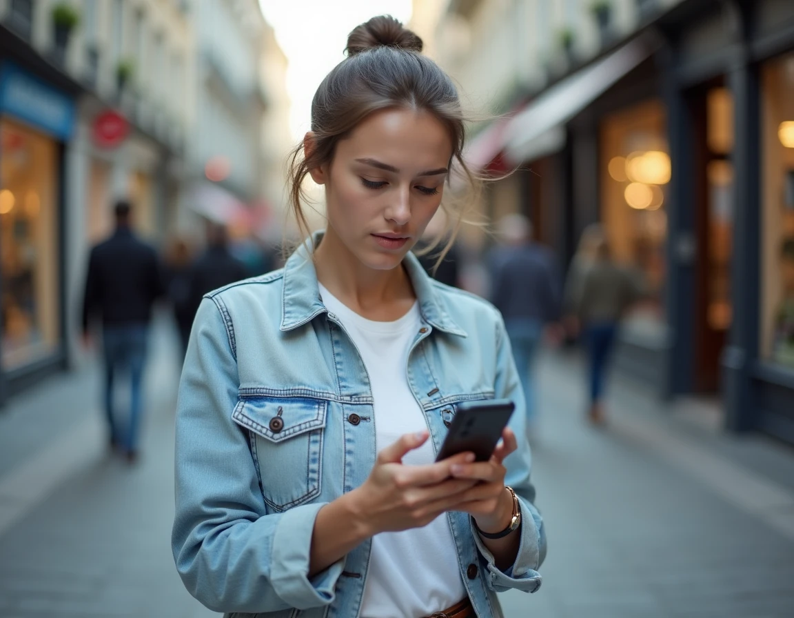 Jeune femme dans la rue utilisant une application d'annuaire inversé gratuit pour identifier un numéro de téléphone 06 sur son mobile