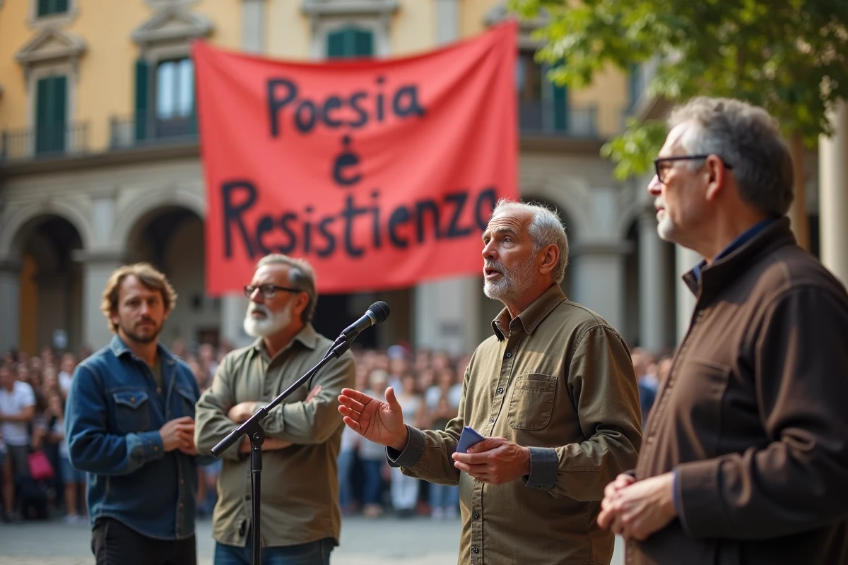 Groupe de poètes italiens sur scène lors d'une lecture publique engagée devant un palazzo historique avec une banderole de résistance