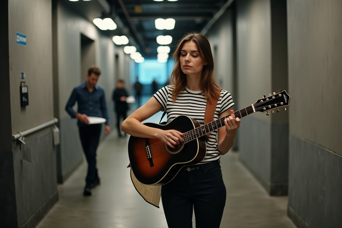 Musicienne guitariste en coulisses d'un plateau TV consulte ses partitions avant un enregistrement d'émission